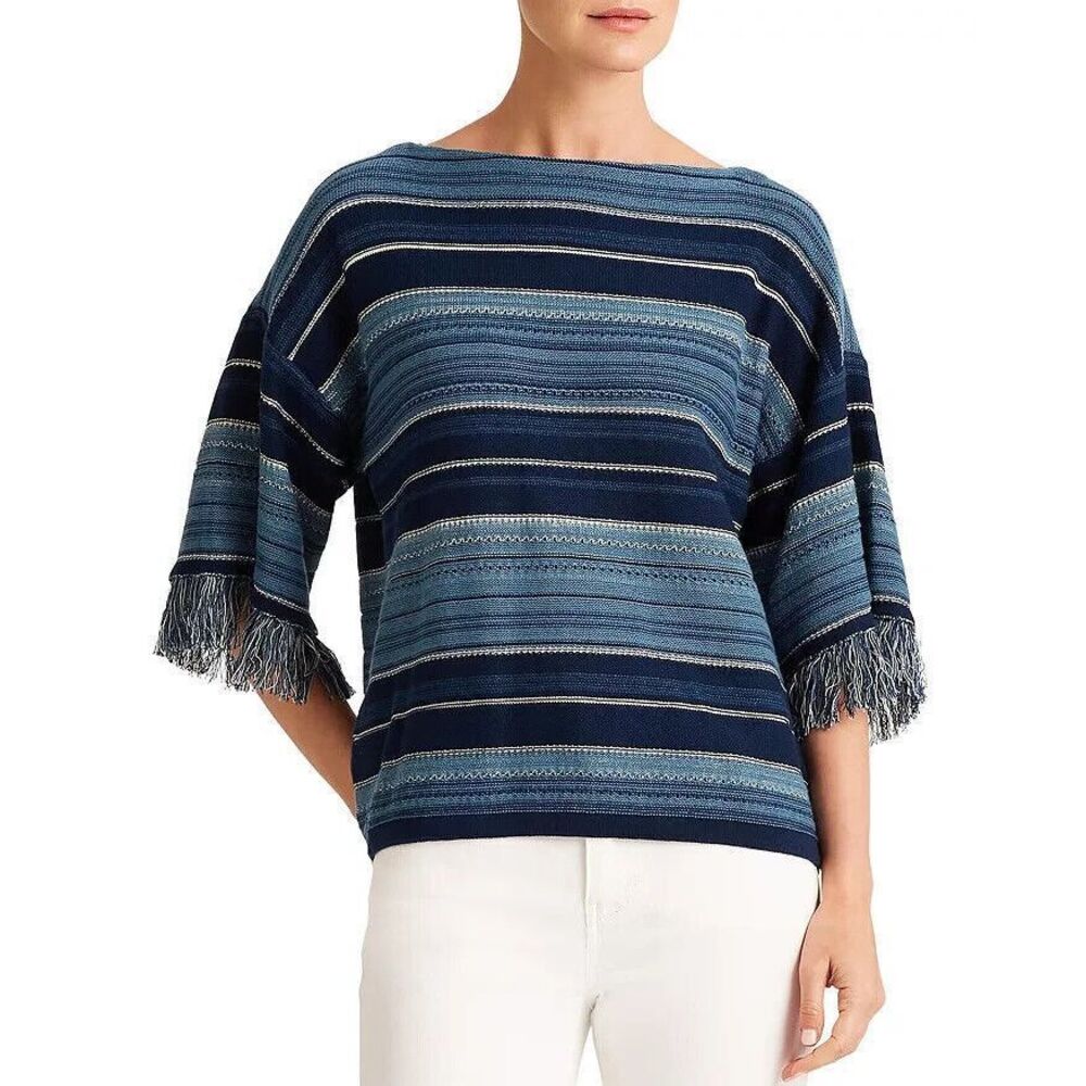 Lauren‎ Ralph Lauren Sweater Women's M Southwestern Stripe Blue Fringe-Trim Boho